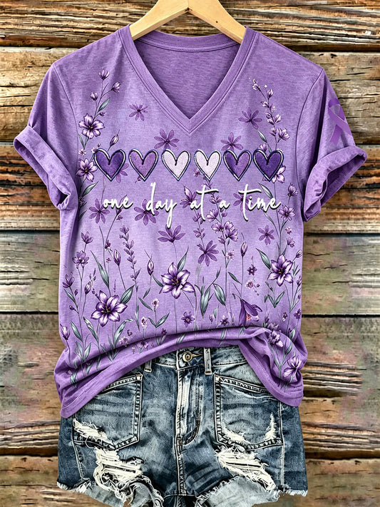 Women's Purple Floral & Alzheimer's Awareness Support Print V-Neck Tee