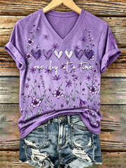 Women's Purple Floral & Alzheimer's Awareness Support Print V-Neck Tee