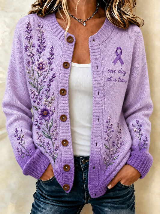 Women's Purple Floral & Alzheimer's Awareness Support Print Cardigan