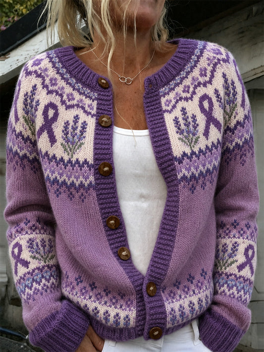 Women's Purple Flower and Purple Charity Ribbon Pattern Printed Casual Cardigan-Style Knit Jacket