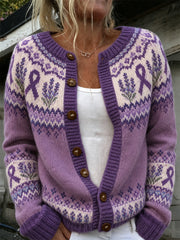 Women's Purple Flower and Purple Charity Ribbon Pattern Printed Casual Cardigan-Style Knit Jacket