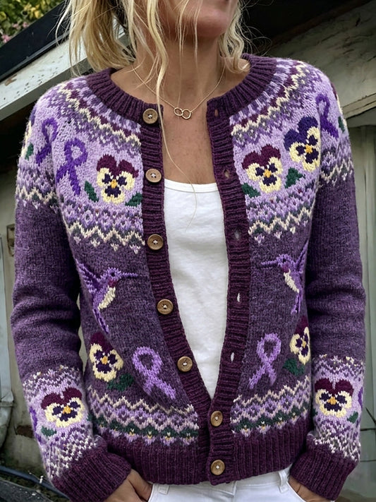 Women's Vintage Purple Ribbon & Hummingbird Pansies Isle Pattern Print Cardigan
