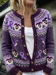Women's Vintage Purple Ribbon & Hummingbird Pansies Isle Pattern Print Cardigan