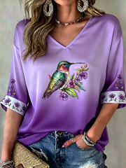 Women's Hummingbird Art Print Mid-length Sleeves V-Neck T-Shirt
