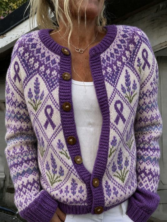 Women's Purple Flower and Purple Charity Ribbon Pattern Printed Casual Cardigan-Style Knit Jacket
