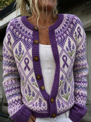 Women's Purple Flower and Purple Charity Ribbon Pattern Printed Casual Cardigan-Style Knit Jacket