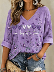 Women's Purple Floral & Alzheimer's Awareness Support Print V-Neck Tee