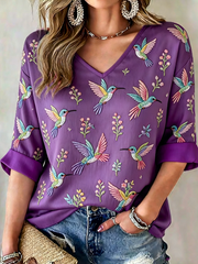 Women's Hummingbird Art Print Mid-length Sleeves V-Neck T-Shirt