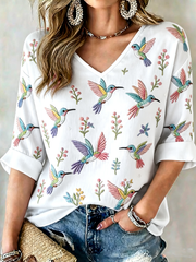 Women's Hummingbird Art Print Mid-length Sleeves V-Neck T-Shirt
