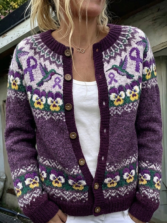 Women's Vintage Purple Ribbon & Hummingbird Pansies Isle Pattern Print Cardigan