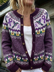 Women's Vintage Purple Ribbon & Hummingbird Pansies Isle Pattern Print Cardigan