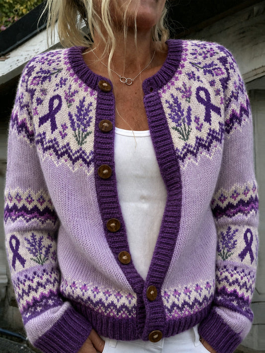 Women's Purple Flower and Purple Charity Ribbon Pattern Printed Casual Cardigan-Style Knit Jacket