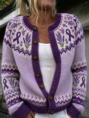 Women's Purple Flower and Purple Charity Ribbon Pattern Printed Casual Cardigan-Style Knit Jacket