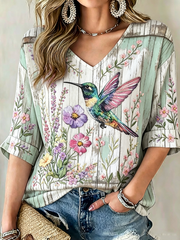 Women's Hummingbird Art Print Mid-length Sleeves V-Neck T-Shirt