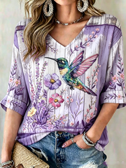 Women's Hummingbird Art Print Mid-length Sleeves V-Neck T-Shirt
