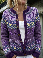 Women's Vintage Purple Ribbon & Hummingbird Pansies Isle Pattern Print Cardigan