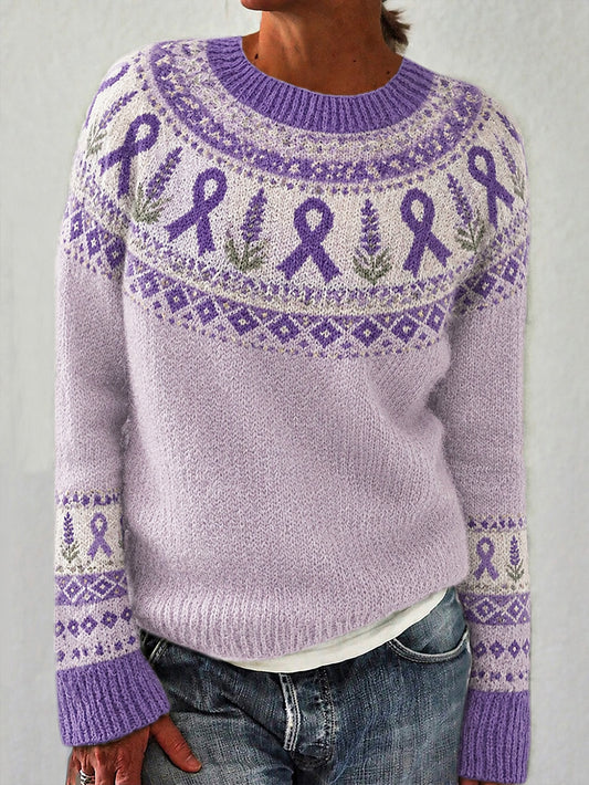 Women's Purple Flower and Purple Charity Ribbon Pattern Printed Casual Long Sleeve Sweater