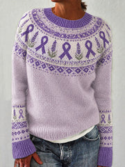 Women's Purple Flower and Purple Charity Ribbon Pattern Printed Casual Long Sleeve Sweater