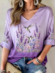 Women's Hummingbird Art Print Mid-length Sleeves V-Neck T-Shirt