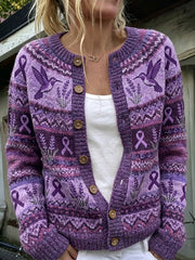 Women's Vintage Purple Ribbon & Hummingbird Lavender Isle Pattern Print Cardigan