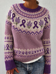 Women's Purple Flower and Purple Charity Ribbon Pattern Printed Casual Long Sleeve Sweater