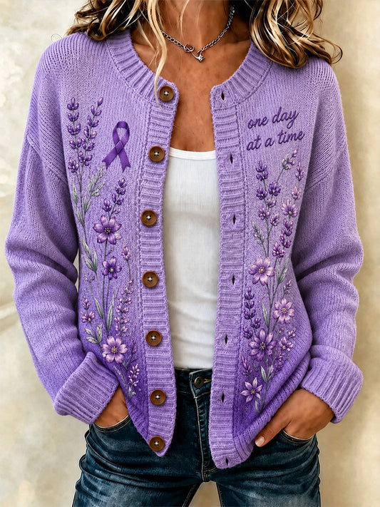 Women's Purple Floral & Alzheimer's Awareness Support Print Cardigan
