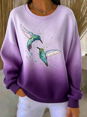 Women's Hummingbird Art Print Ribbed Round-Neck Sweatshirt