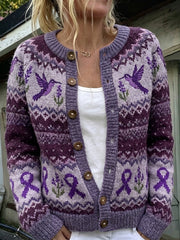 Women's Vintage Purple Ribbon & Hummingbird Lavender Isle Pattern Print Cardigan