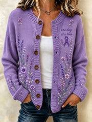 Women's Purple Floral & Alzheimer's Awareness Support Print Cardigan