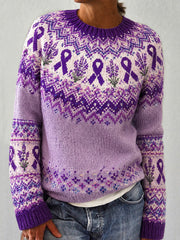 Women's Purple Flower and Purple Charity Ribbon Pattern Printed Casual Long Sleeve Sweater