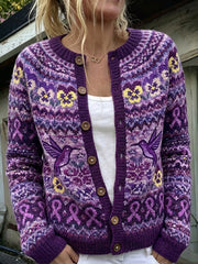 Women's Vintage Purple Ribbon & Hummingbird Pansies Isle Pattern Print Cardigan