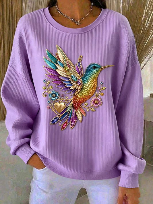 Women's Hummingbird Art Print Ribbed Round-Neck Sweatshirt