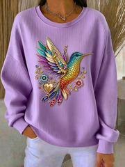 Women's Hummingbird Art Print Ribbed Round-Neck Sweatshirt