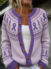 Women's Purple Flower and Purple Charity Ribbon Pattern Printed Casual Cardigan-Style Knit Jacket