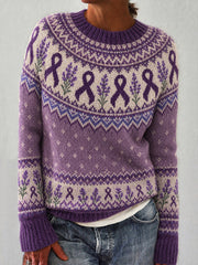 Women's Purple Flower and Purple Charity Ribbon Pattern Printed Casual Long Sleeve Sweater