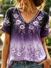 Women's Vintage Floral Print Gradient Linen Short-sleeved T-shirt