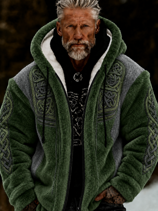 Men's Viking Celtic Art Plush Cozy Warm Zipped Hooded Jacket