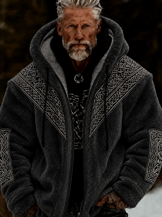Men's Viking Celtic Art Plush Cozy Warm Zipped Hooded Jacket