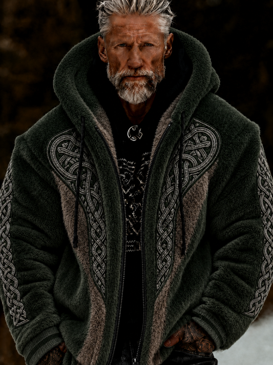 Men's Viking Celtic Art Plush Cozy Warm Zipped Hooded Jacket