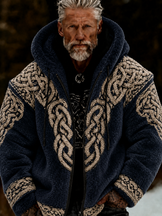 Men's Viking Celtic Art Plush Cozy Warm Zipped Hooded Jacket