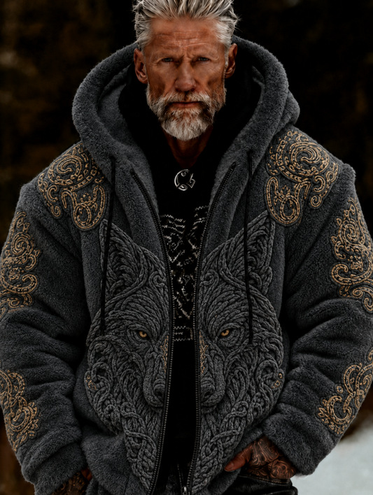 Men's Viking Celtic Art Plush Cozy Warm Zipped Hooded Jacket