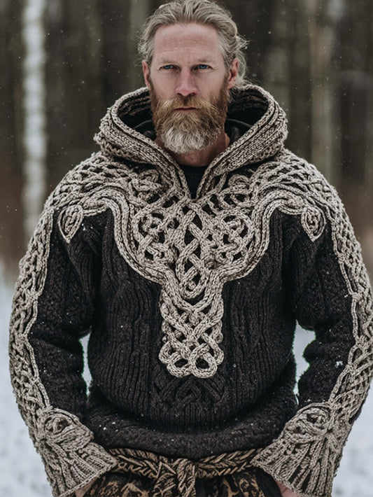 Men's retro Viking Celtic knot pattern design casual hooded imitation sweater