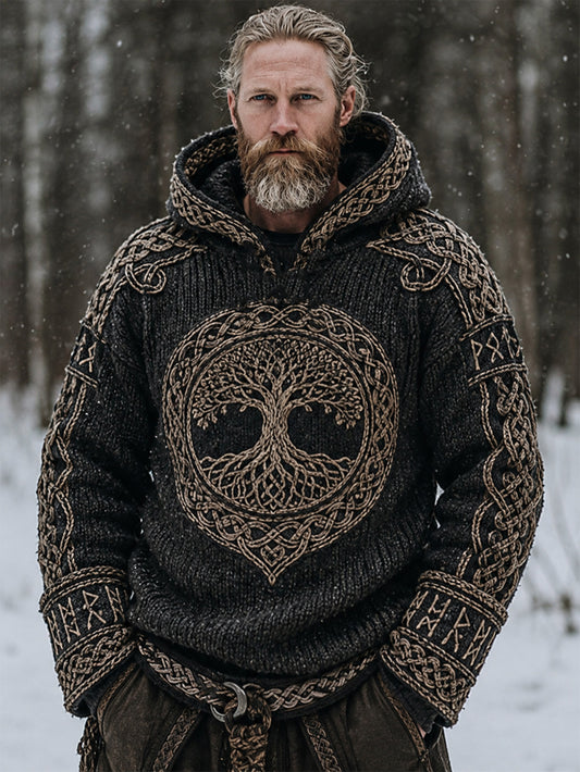 Men's retro Viking Celtic knot pattern design casual hooded imitation sweater