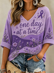 Women's Purple Floral & Alzheimer's Awareness Support Print V-Neck Tee