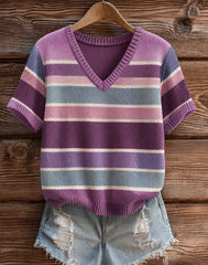 Women's Purple Stripe Alzheimer's Disease Printed V-neck T-shirt
