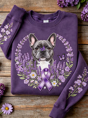 Women's French Bulldog Purple Ribbon Lavender Floral Print Sweatshirt