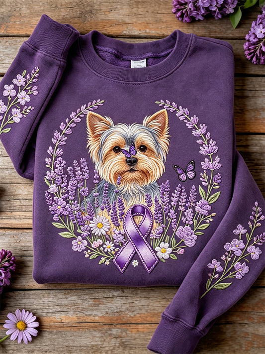 Women's Yorkshire Dog Purple Ribbon Lavender Floral Print Sweatshirt