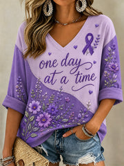 Women's Purple Floral & Alzheimer's Awareness Support Print V-Neck Tee