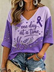 Women's Purple Floral & Alzheimer's Awareness Support Print V-Neck Tee