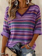 Women's Purple Stripe Alzheimer's Disease Printed Mid-length Sleeves V-neck T-shirt